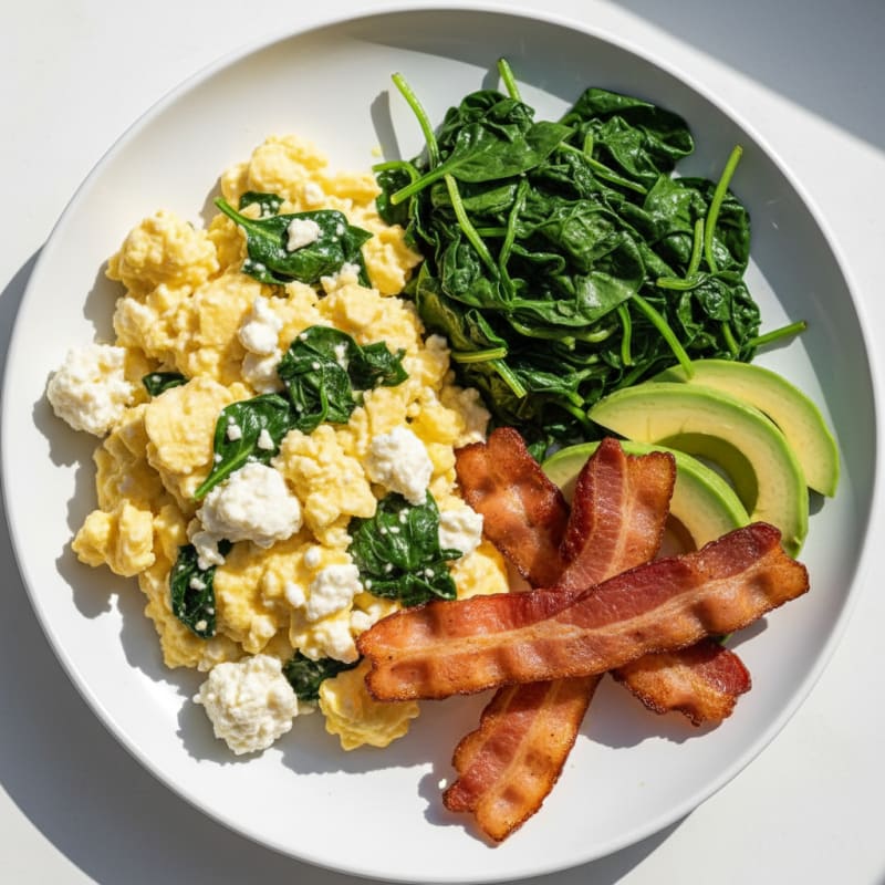 Cottage Cheese Egg Scramble with Sautéed Spinach and Turkey Bacon