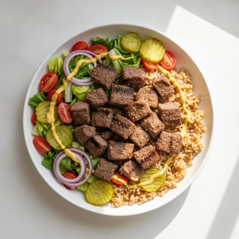Grilled Steak Burger Bowl with Brown Rice