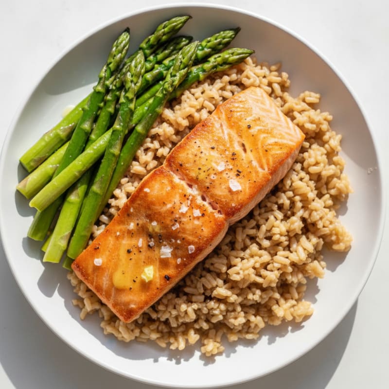 Seared Salmon with Steamed Asparagus and Brown Rice