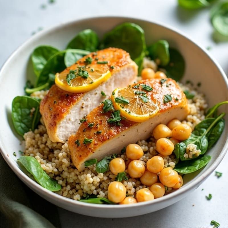 Lemon-Herb Roasted Chicken and Quinoa Bowl with Crispy Chickpeas