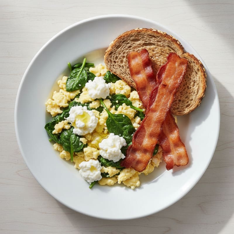Cottage Cheese Scramble with Spinach and Turkey Bacon