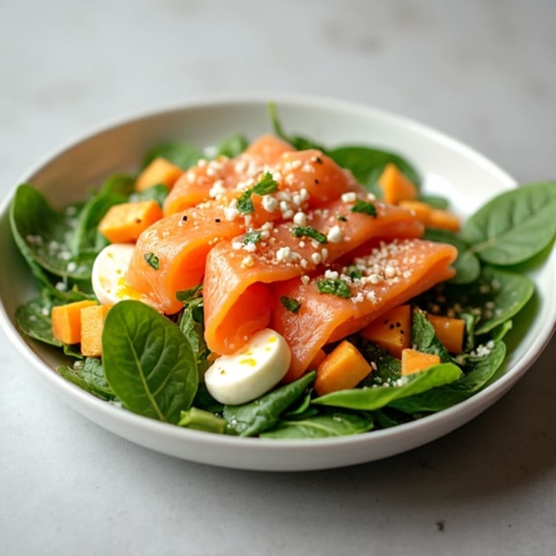 Smoked Salmon and Turkey Spinach Salad with Creamy Mozzarella and Cheddar