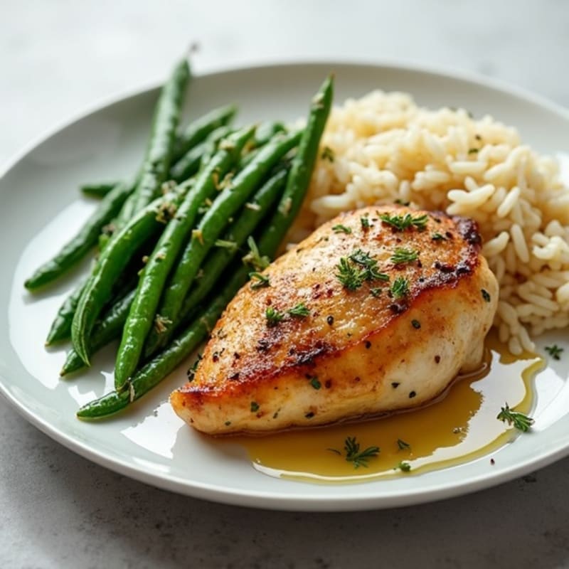 Garlic-Herb Roasted Chicken with Crispy Green Beans and Fluffy Jasmine Rice