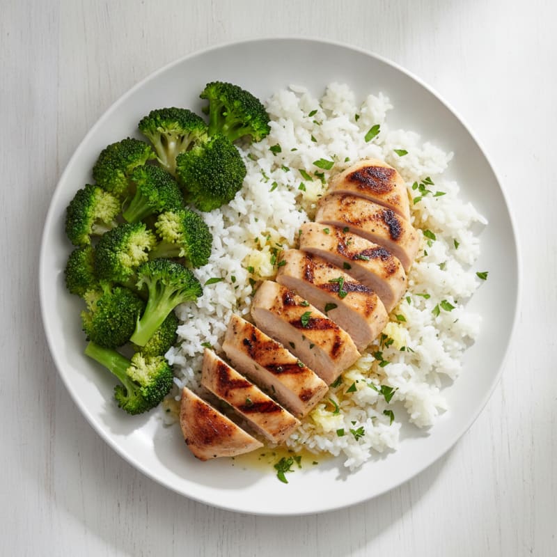 Grilled Chicken Breast with Herb Rice and Steamed Broccoli