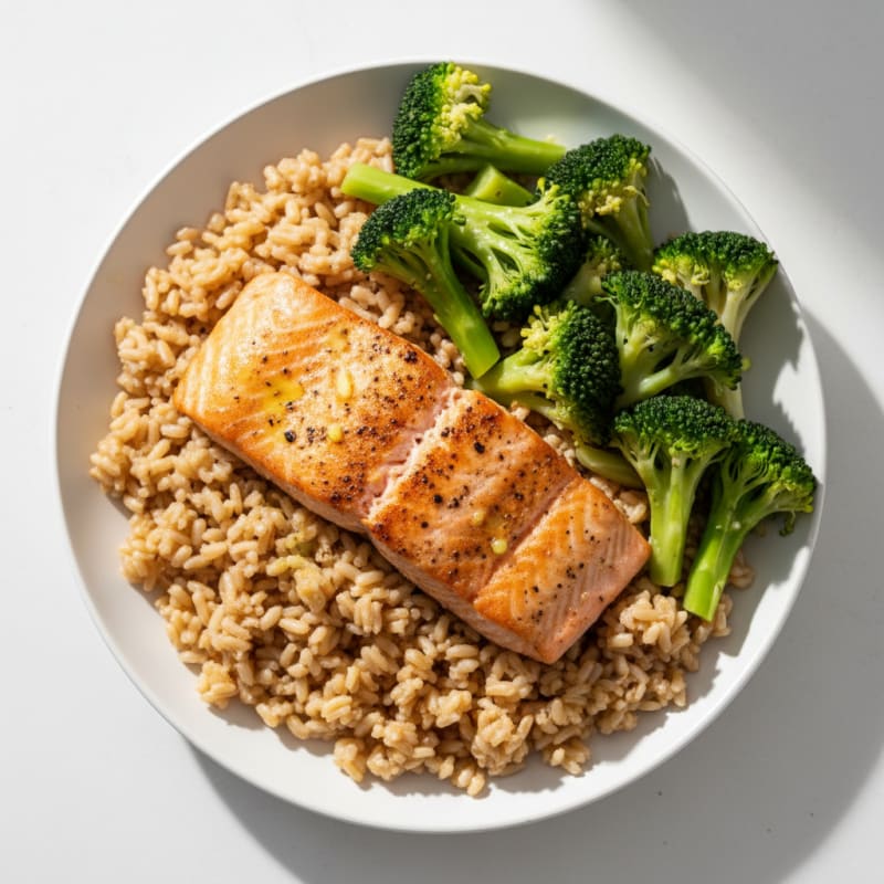 Pan-Seared Salmon with Steamed Broccoli and Brown Rice