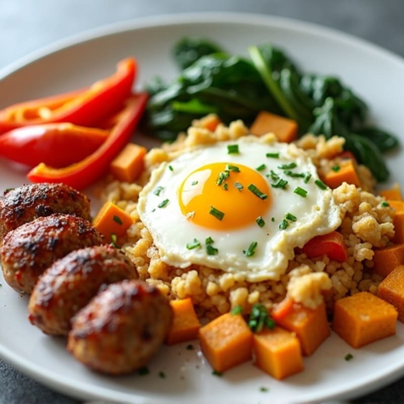Crispy Turkey Sausage and Egg White Scramble with Roasted Sweet Potatoes