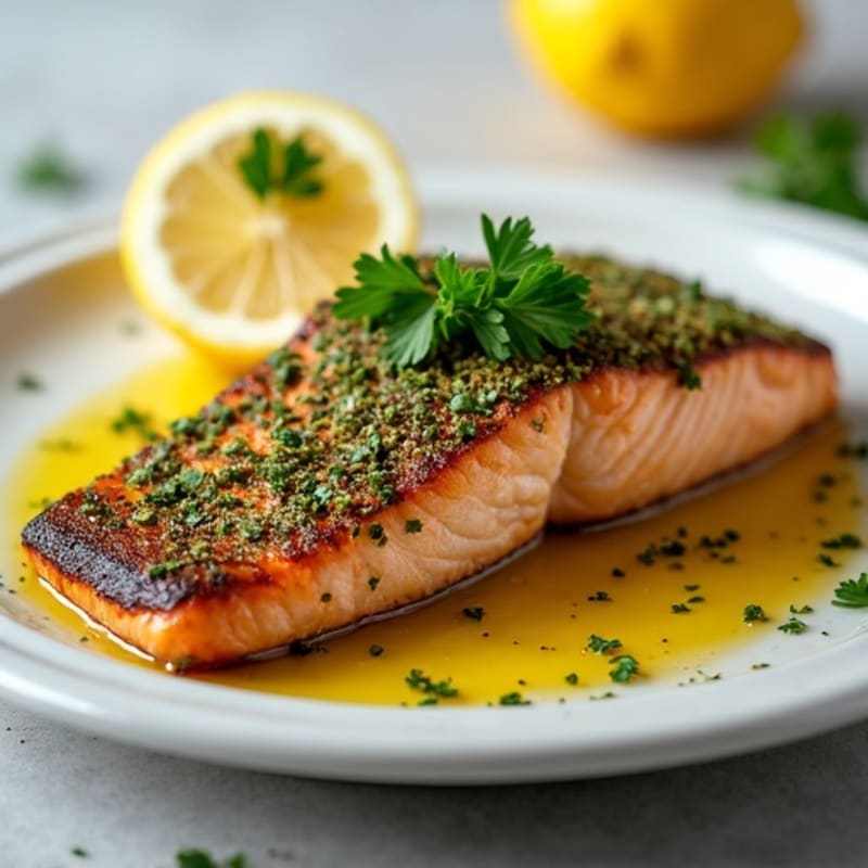 Herb-Crusted Pan Seared Salmon with Lemon Garlic Sauce