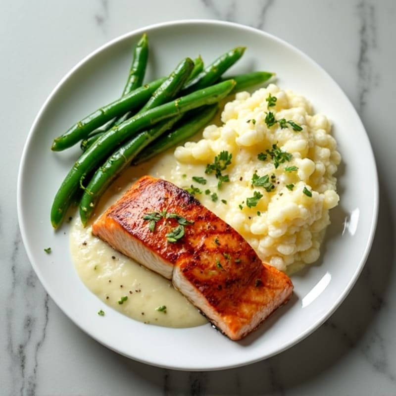 Seared Salmon with Steamed Green Beans and Garlic Mashed Cauliflower