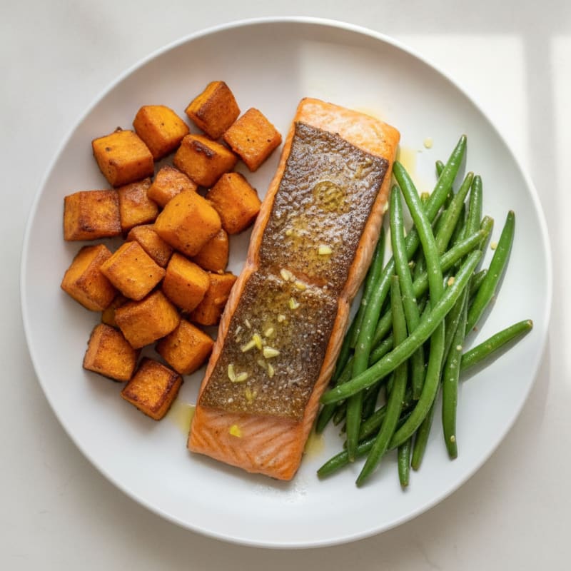 Seared Salmon with Roasted Sweet Potatoes and Green Beans