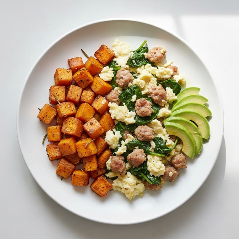 Egg White and Turkey Sausage Scramble with Roasted Sweet Potatoes