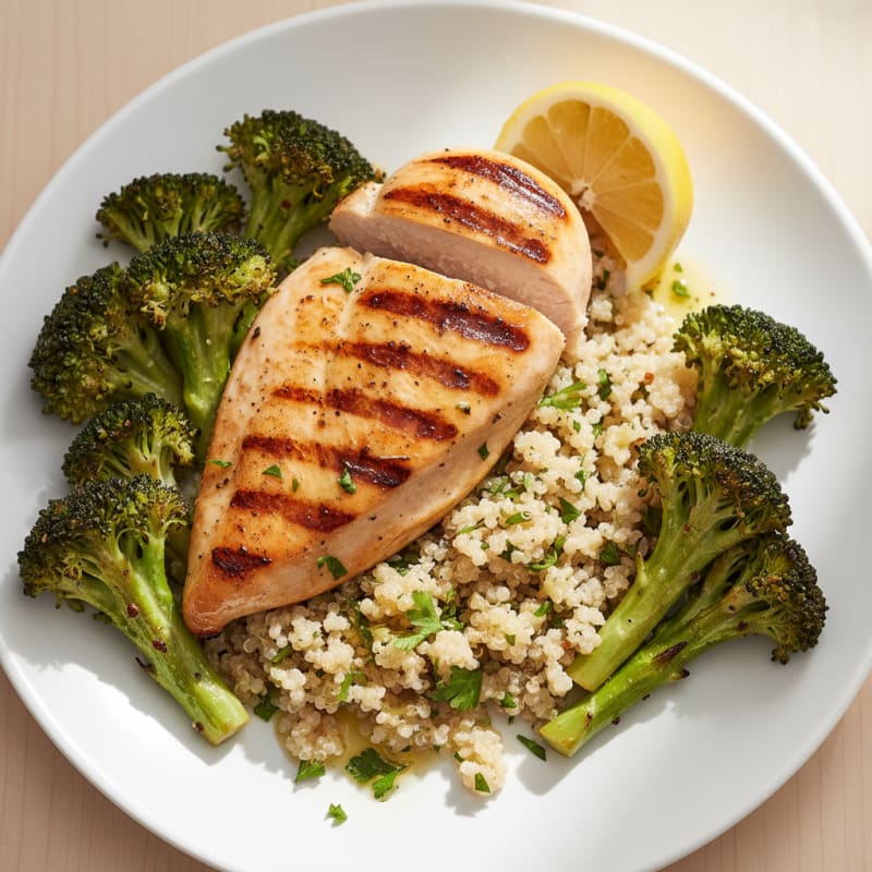 Grilled Chicken Breast with Quinoa and Roasted Broccoli