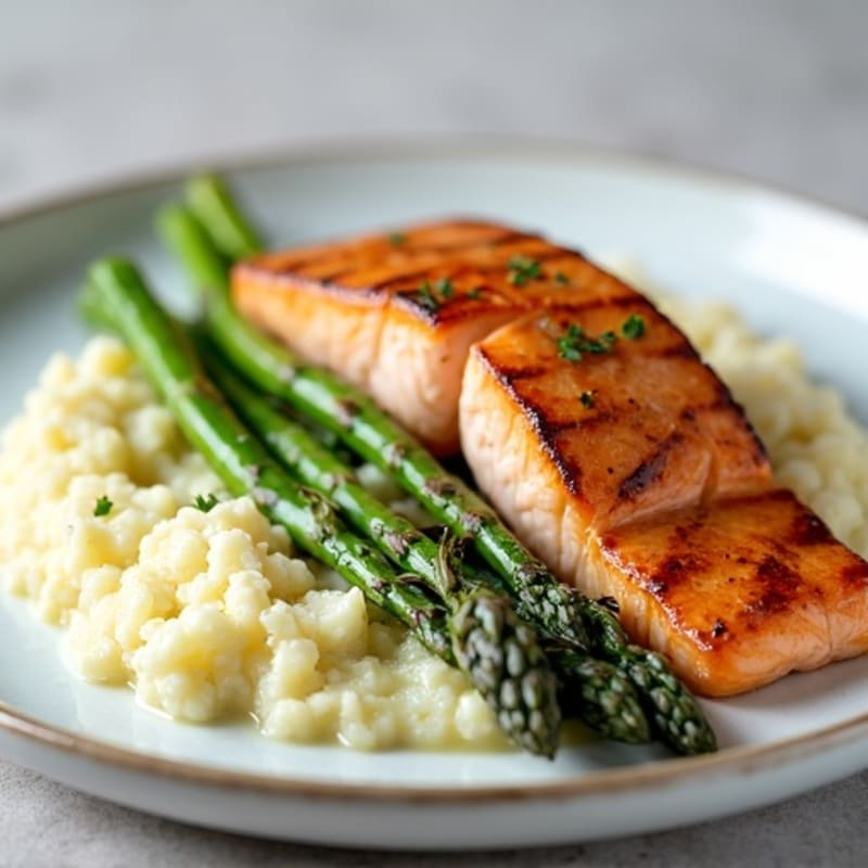 Seared Salmon Fillet with Steamed Asparagus and Garlic Cauliflower Mash