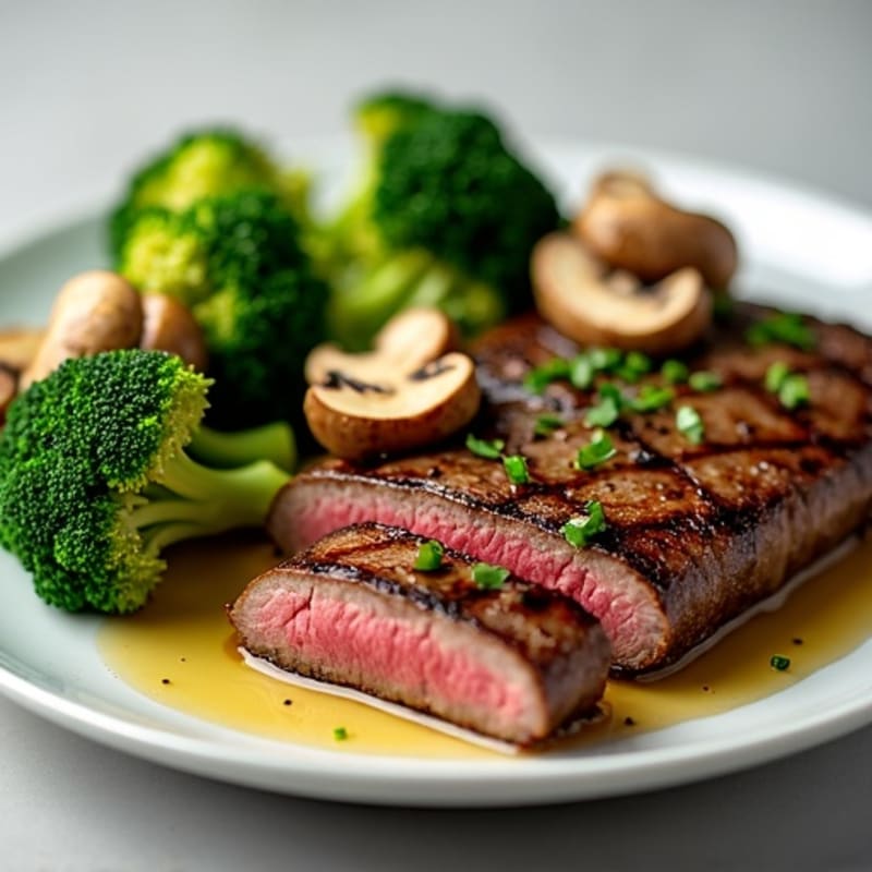 Seared Lean Beef with Roasted Broccoli and Garlic Mushrooms