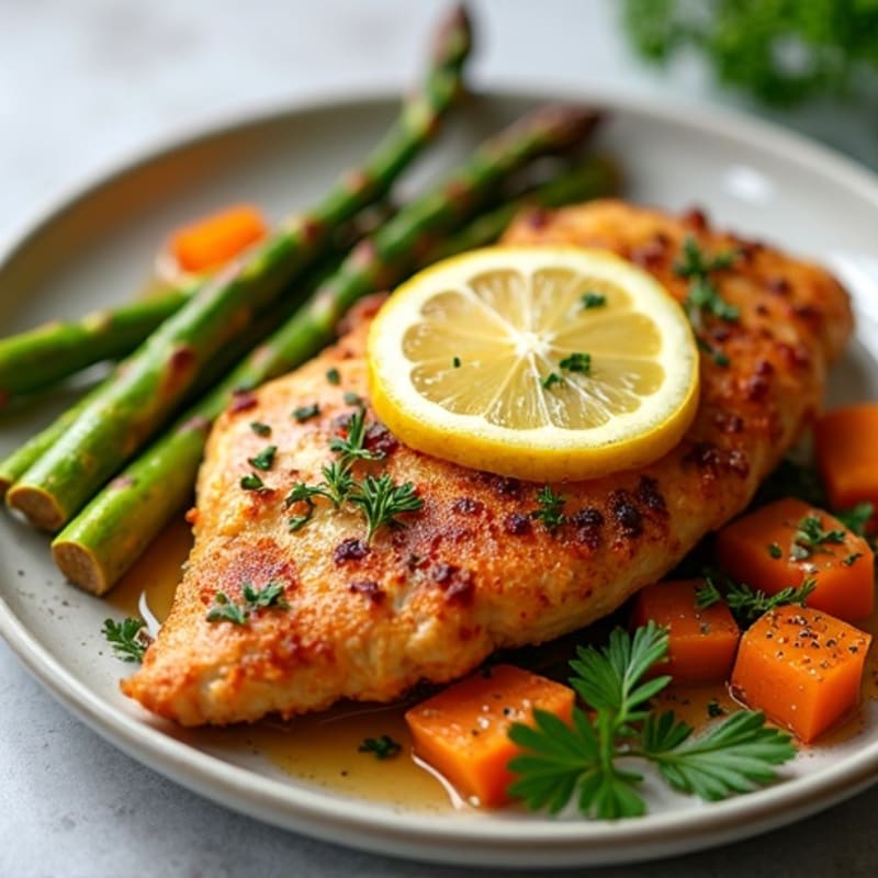Crispy Lemon Herb Chicken with Roasted Asparagus and Sweet Potatoes