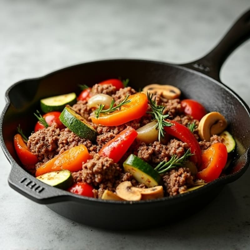 Lean Ground Beef and Crispy Roasted Vegetable Skillet