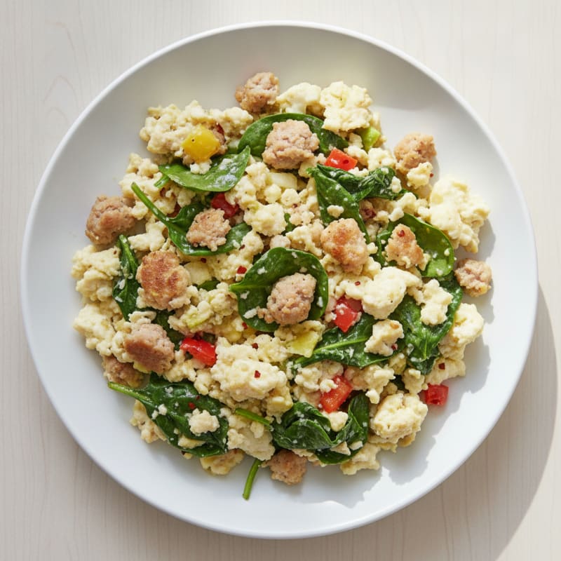 Egg White and Turkey Sausage Scramble with Sautéed Spinach