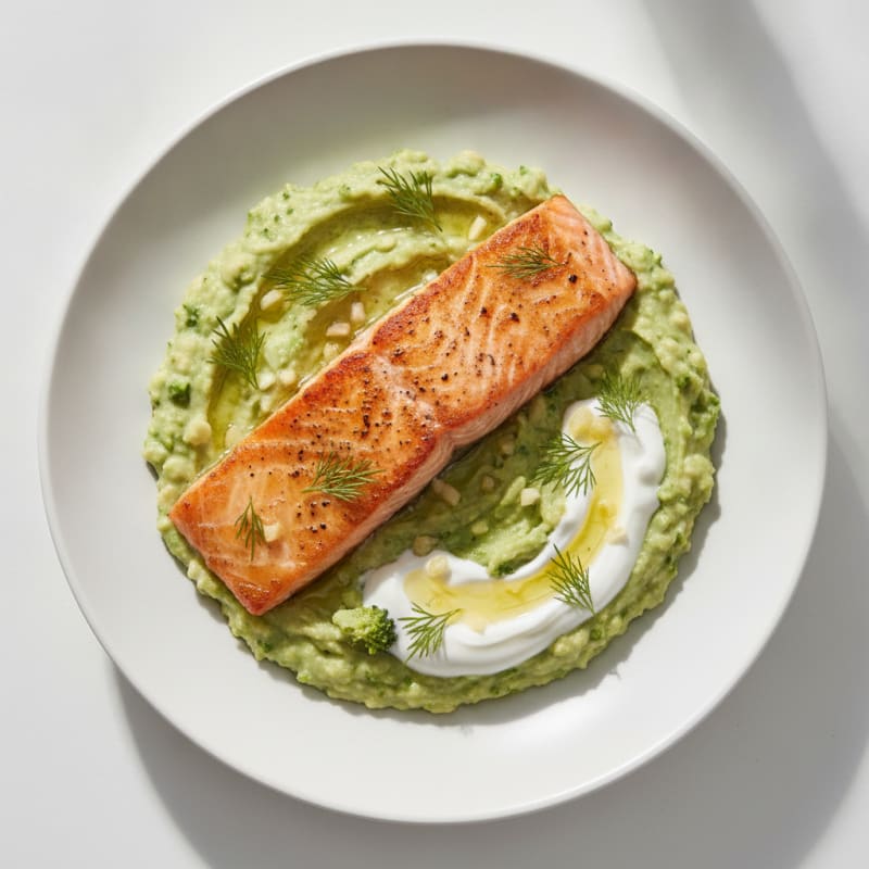 Seared Salmon Filet with White Bean and Broccoli Mash