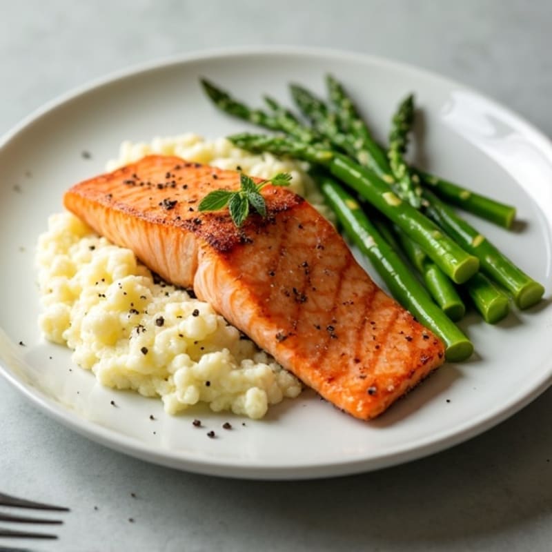 Seared Salmon with Steamed Asparagus and Cauliflower Mash