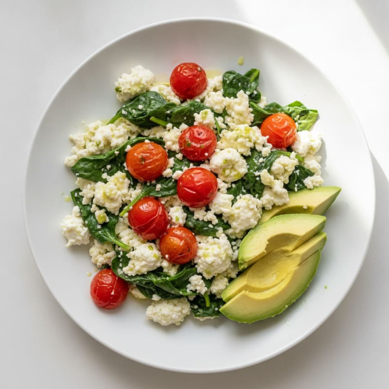 Egg White Spinach Scramble with Cottage Cheese and Cherry Tomatoes