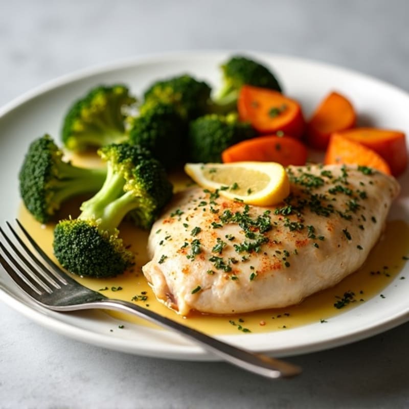Lemon-Herb Roasted Chicken with Crispy Roasted Broccoli and Sweet Potatoes