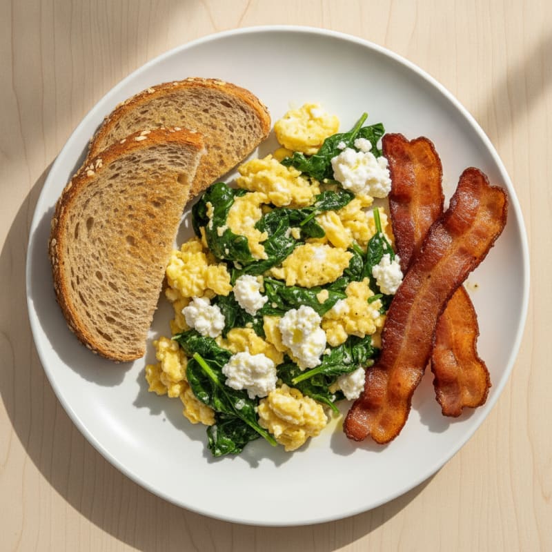 Cottage Cheese Scramble with Spinach and Turkey Bacon