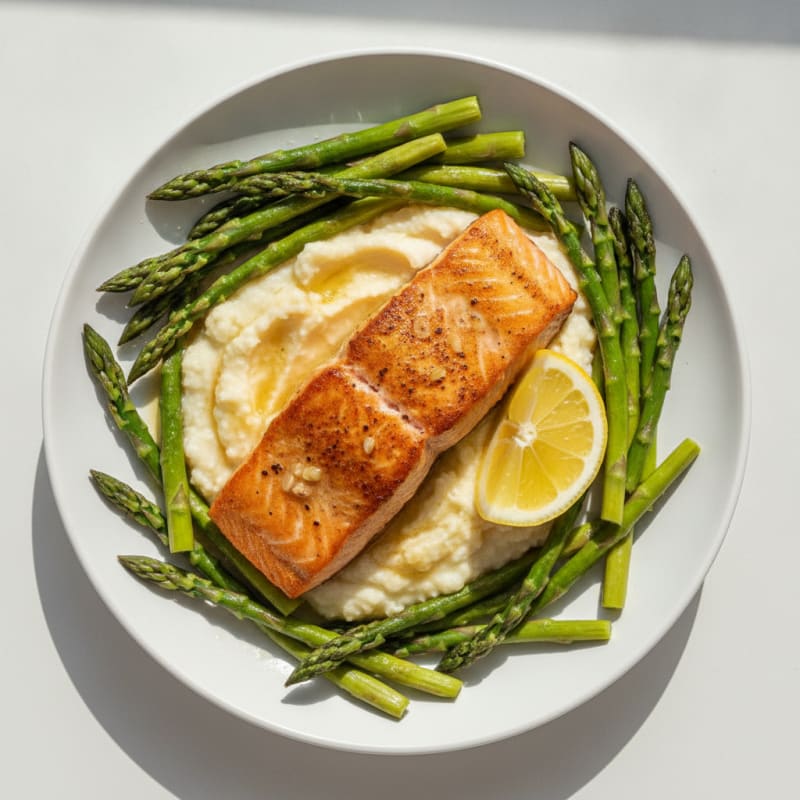 Seared Salmon with Steamed Asparagus and Cauliflower Mash