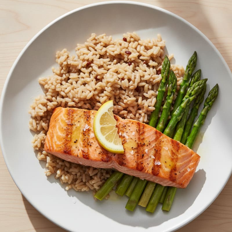 Seared Salmon with Steamed Asparagus and Brown Rice