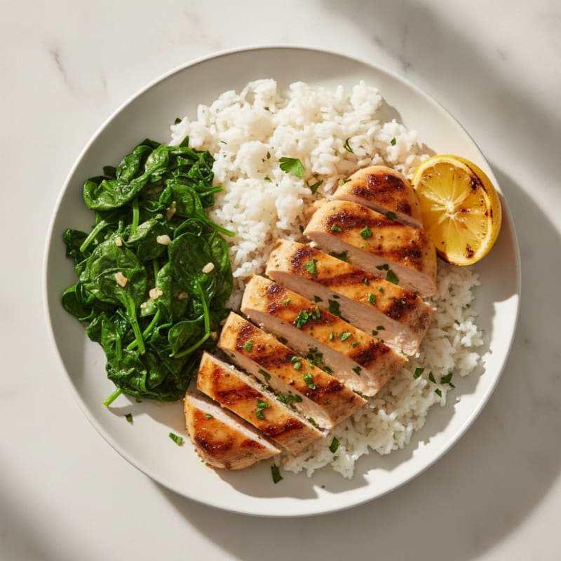 Grilled Chicken Breast with Steamed Rice and Spinach