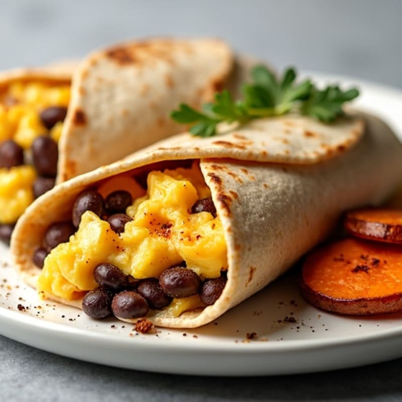 Hearty Scrambled Egg and Black Bean Burrito with Roasted Sweet Potatoes