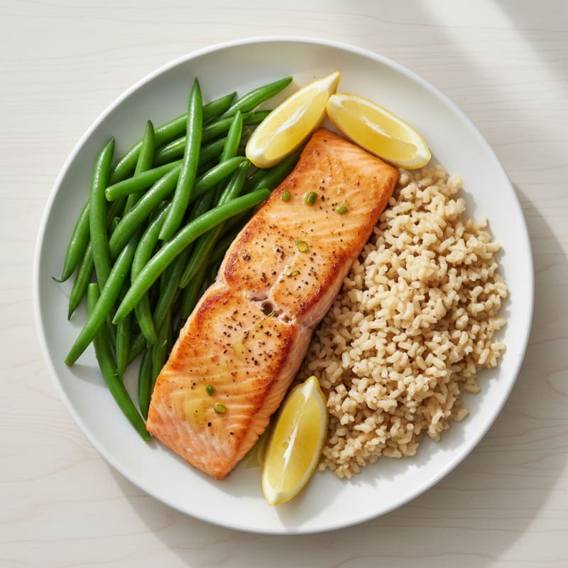 Seared Salmon with Steamed Green Beans and Brown Rice