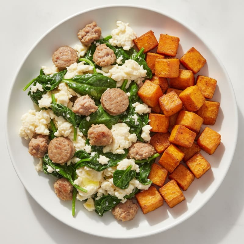 Egg White and Turkey Sausage Scramble with Spinach and Roasted Sweet Potato