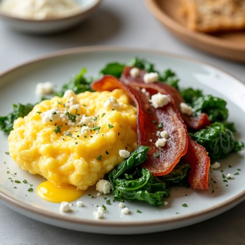 Fluffy Scrambled Eggs with Sautéed Greens and Turkey Bacon