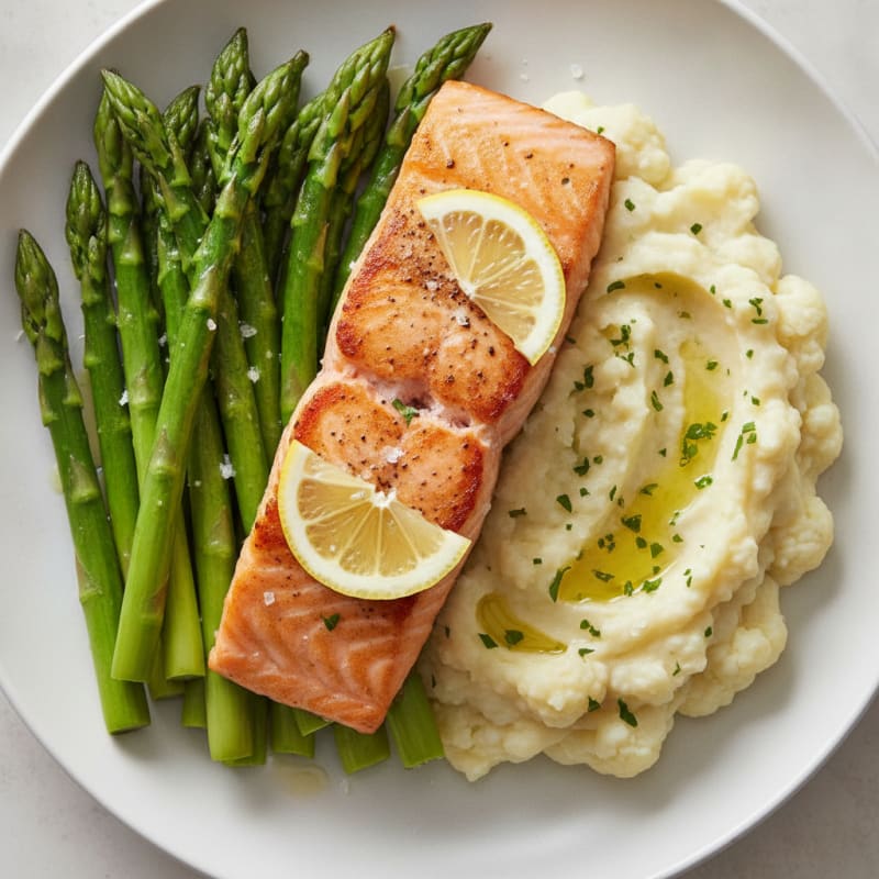 Seared Salmon with Steamed Asparagus and Garlic Mashed Cauliflower