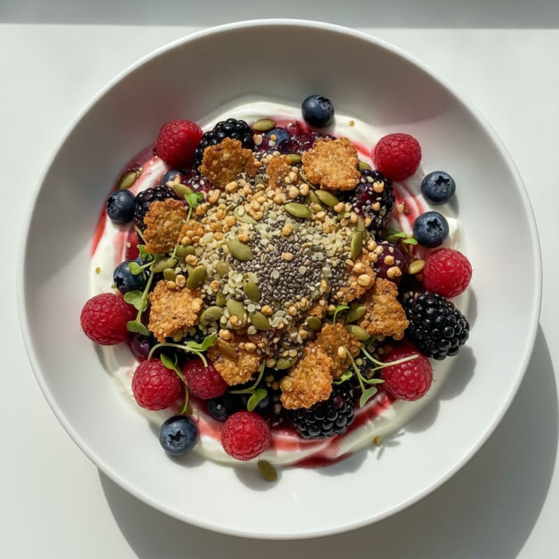 Greek Yogurt Protein Parfait with Mixed Berries and Crunchy Seed Topping