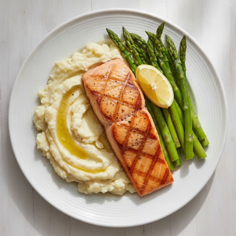 Seared Salmon with Steamed Asparagus and Garlic Mashed Cauliflower