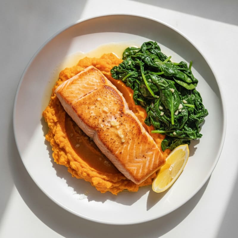 Seared Salmon with Garlic Spinach and Sweet Potato Mash
