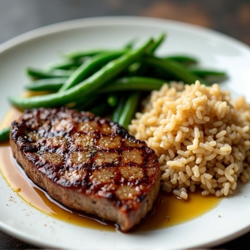 Seared Sirloin Steak with Garlic Green Beans and Brown Rice