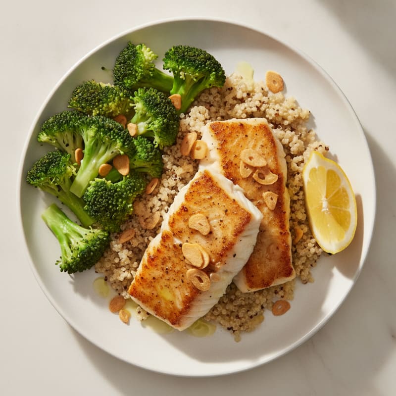 Seared Cod with Steamed Broccoli and Quinoa