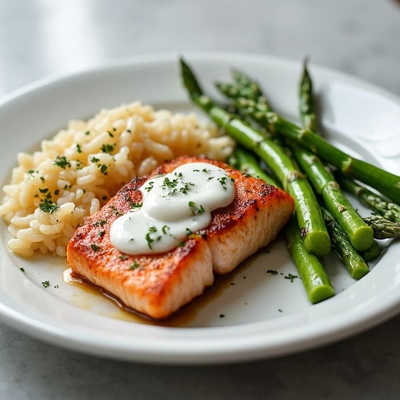 Seared Salmon Fillet with Steamed Asparagus and Brown Rice