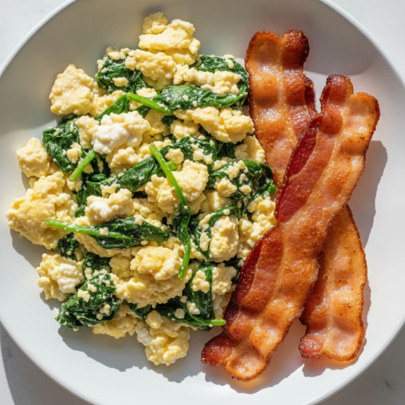 Cottage Cheese Egg Scramble with Spinach and Turkey Bacon