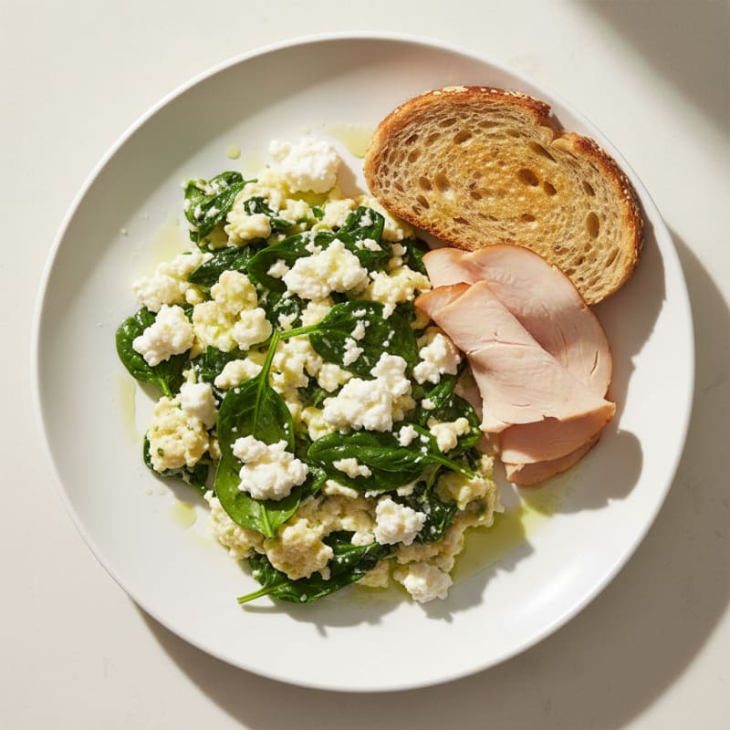 Egg White and Spinach Scramble with Cottage Cheese and Sliced Turkey