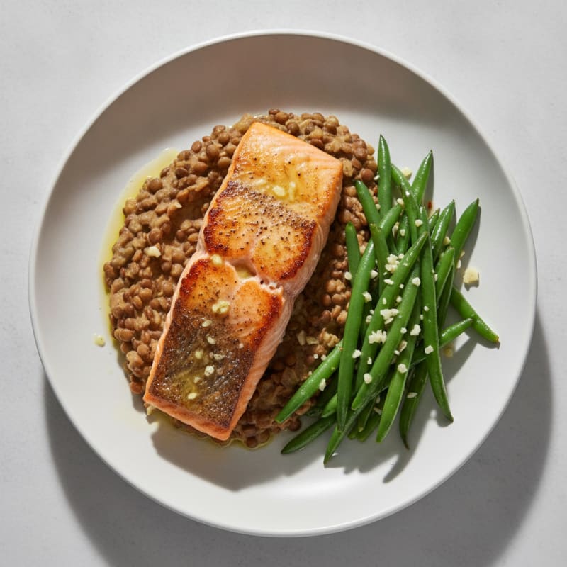 Seared Salmon Fillet with Garlic Green Beans and Lentil Mash