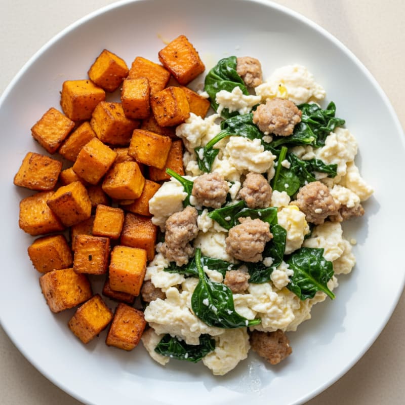 Egg White and Turkey Sausage Scramble with Spinach and Roasted Sweet Potato