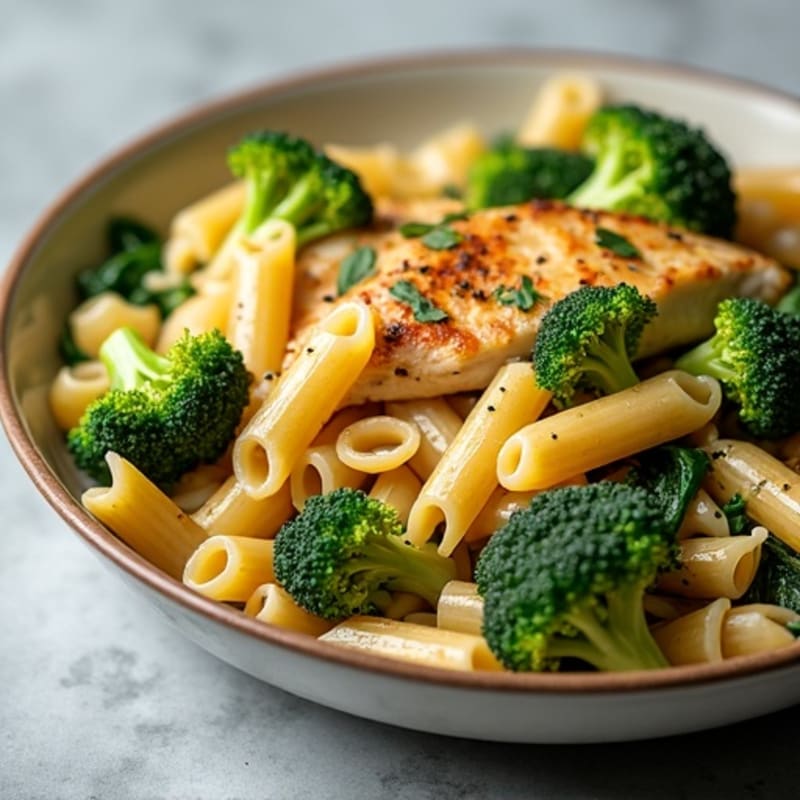 Lemon Garlic Chicken Pasta with Roasted Broccoli and Spinach