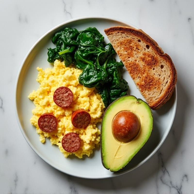 Egg White Scramble with Turkey Sausage and Sautéed Spinach