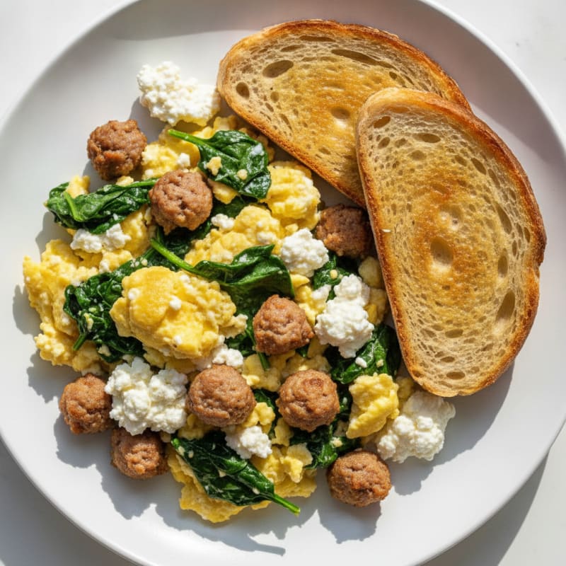 Cottage Cheese Egg Scramble with Turkey Sausage and Sautéed Spinach