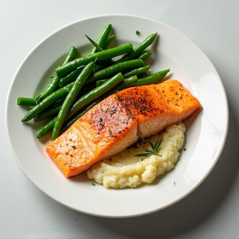 Seared Salmon Fillet with Garlic Green Beans and Cauliflower Mash