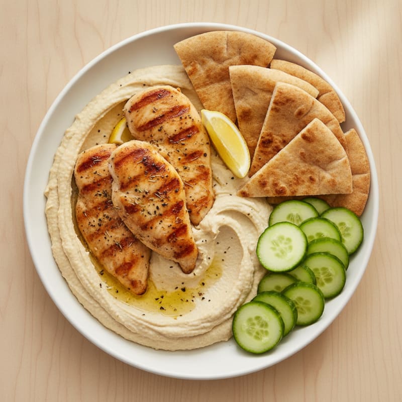 Creamy Hummus with Toasted Pita and Lemon-Herb Chicken