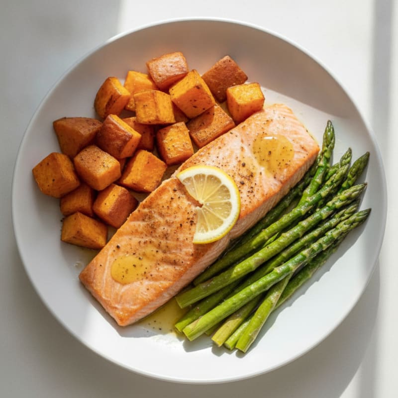 Seared Salmon Fillet with Roasted Sweet Potatoes and Asparagus