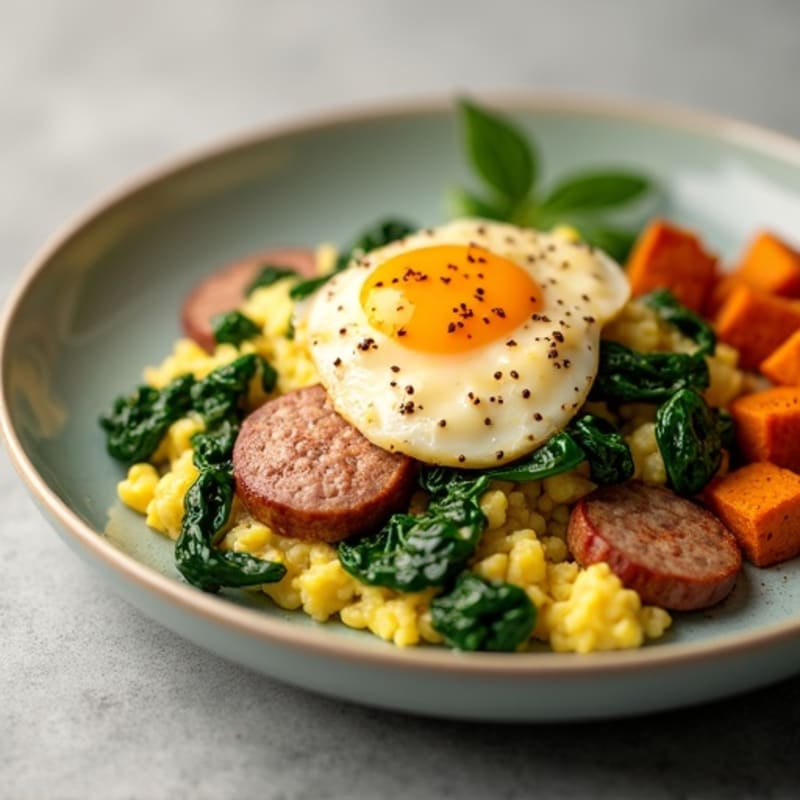 Egg White and Turkey Sausage Scramble with Sautéed Spinach
